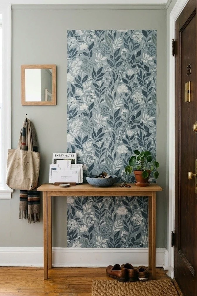 Peel-and-stick accent wall behind a console in a renter-friendly entryway