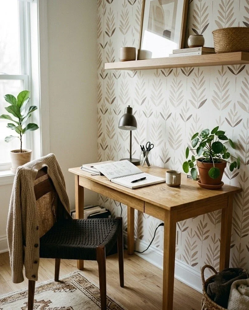 Renter-friendly home office with a peel-and-stick accent wall behind a small wooden desk