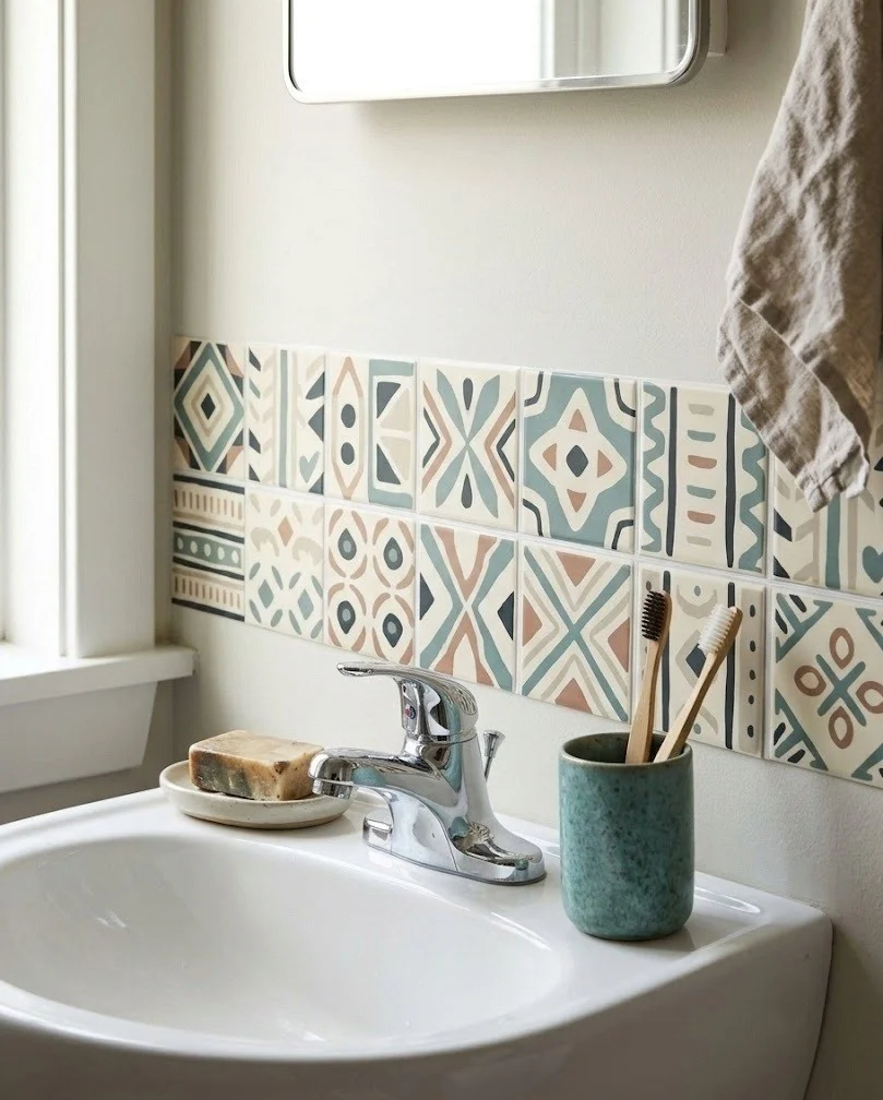 Peel-and-stick tile backsplash behind a bathroom sink and faucet.