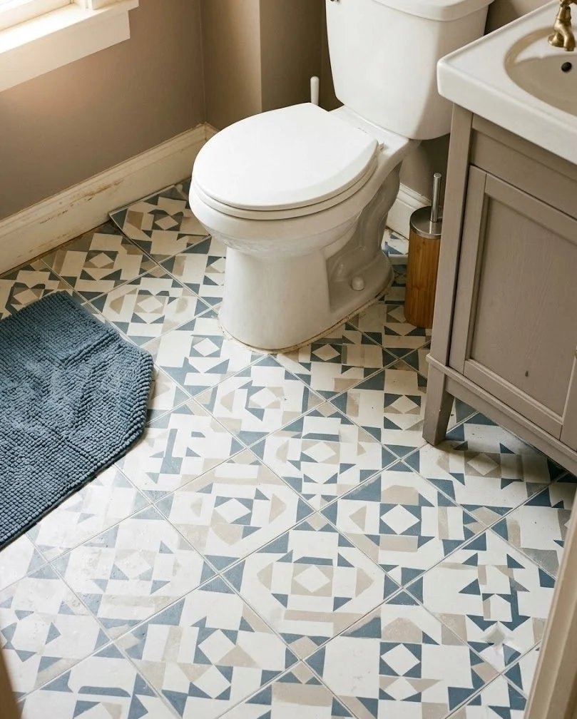Peel-and-stick floor tile in a renter-friendly bathroom laid over the old floor around the toilet.