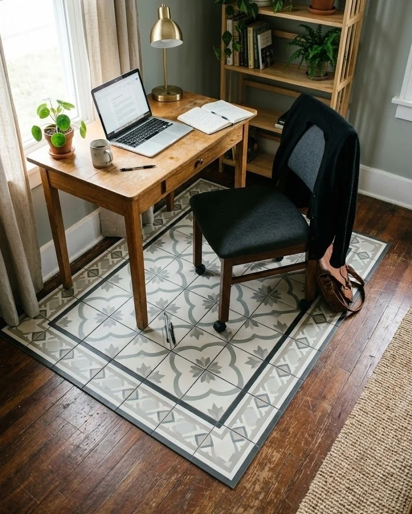 Peel-and-stick floor tiles marking a rental home office zone
