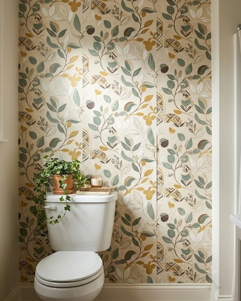 Peel-and-stick wallpaper on one dry accent wall behind a bathroom toilet.