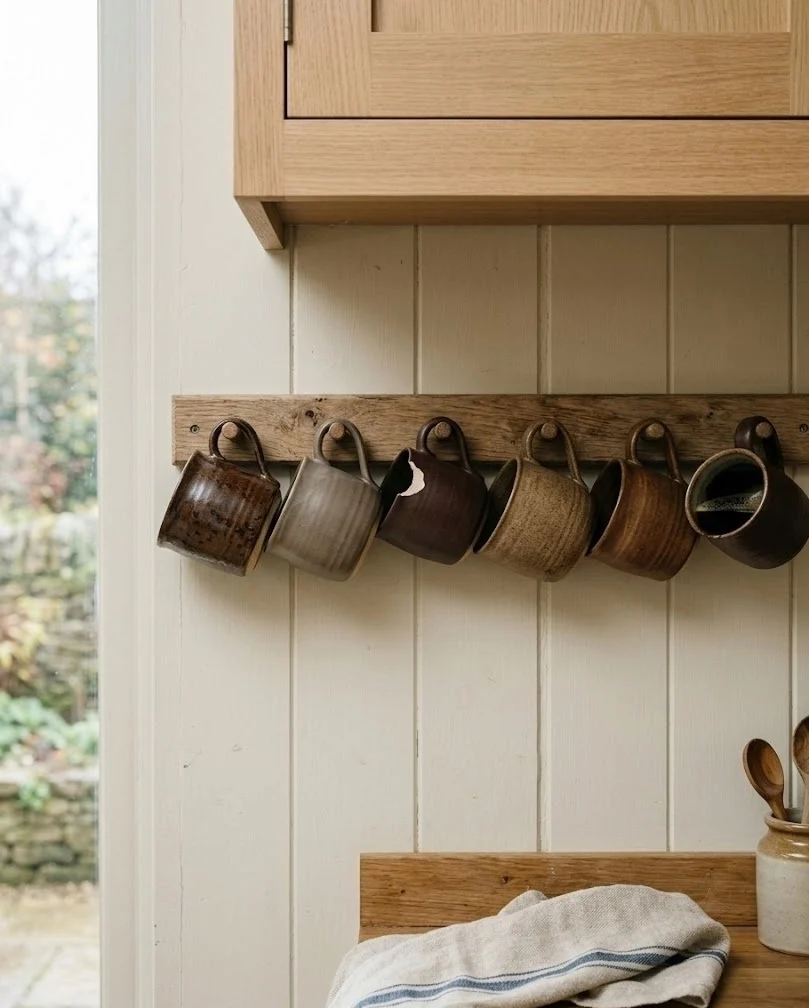 Peg rail under a kitchen cabinet holding handmade mugs in bark brown and mushroom glazes