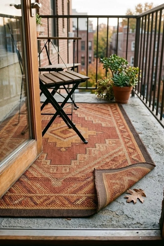 Apartment balcony fall decor with a rust and ochre weather-resistant outdoor rug