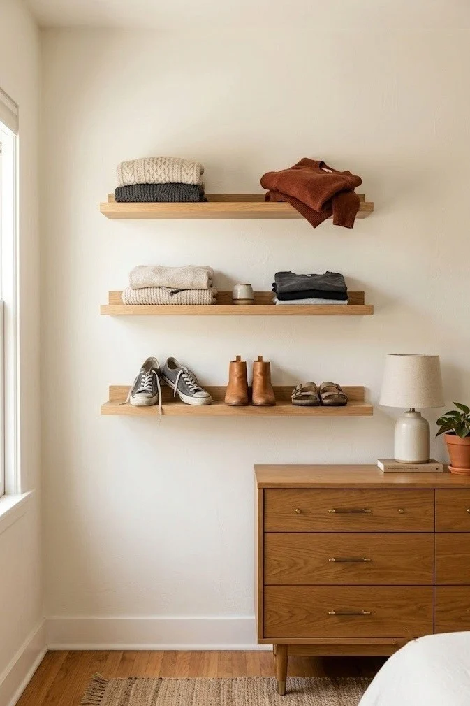 Narrow picture ledges holding folded knits and shoes on a bedroom wall
