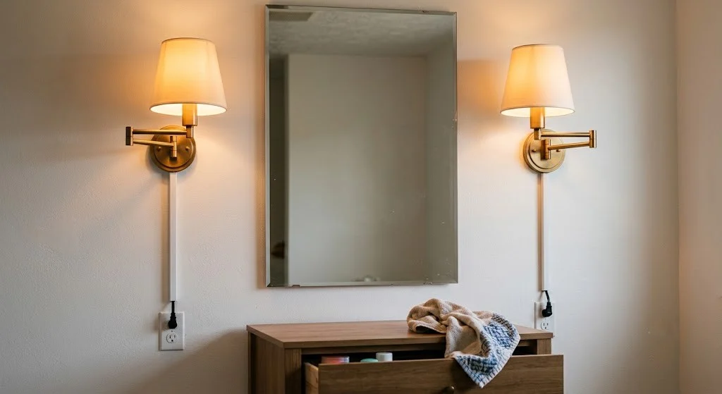 Brass plug-in sconces flanking a rental bathroom mirror at eye level