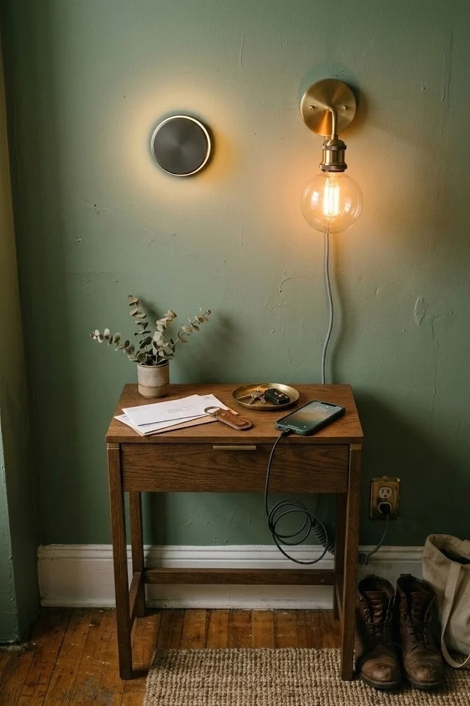 Plug-in and rechargeable wall lights brightening a no-drill apartment entry
