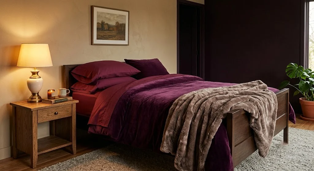Plum and burgundy layered bedding with a faux-fur footboard throw in a moody fall bedroom