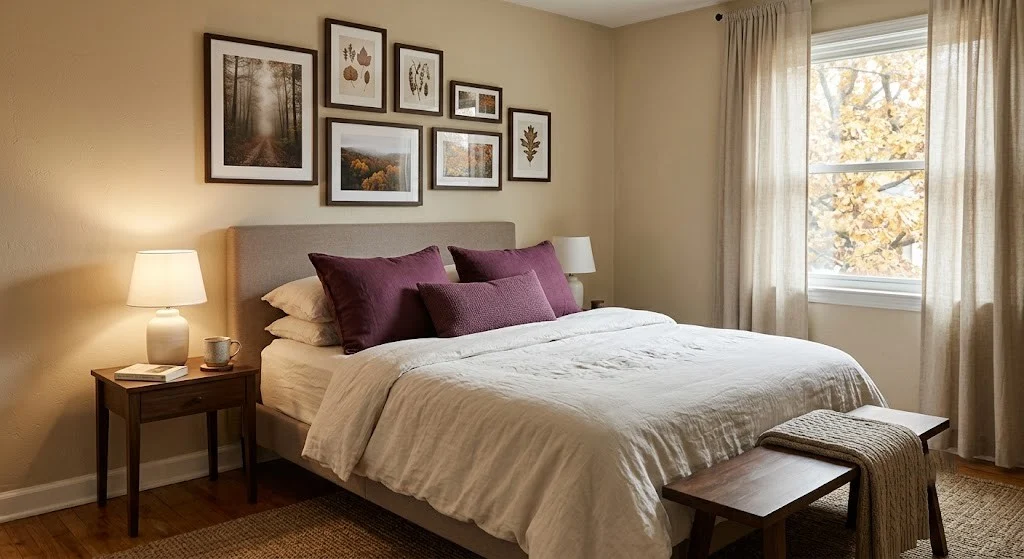Plum linen pillow covers on a neutral bed with a dark wood gallery wall in a fall bedroom