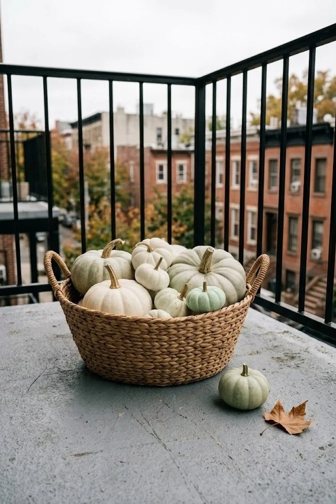 Grouped white and green pumpkins in a heavy basket on a fall balcony floor