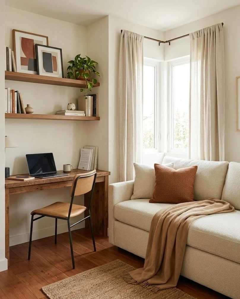 Queen sleeper sofa angled off the desk corner for visiting couples