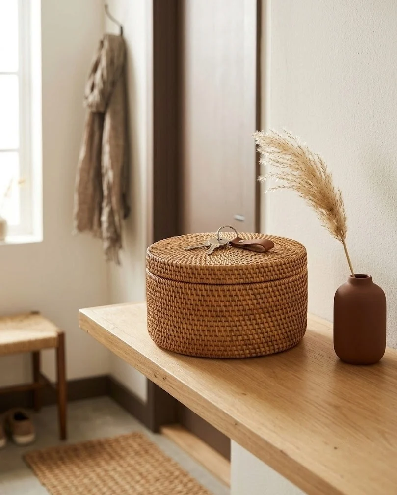 Lidded rattan catch-all basket on a clear small apartment entry ledge