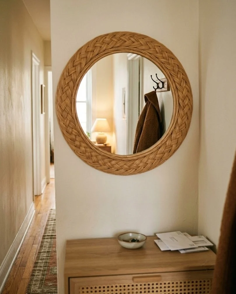 Round rattan mirror reflecting warm light in a narrow apartment entry