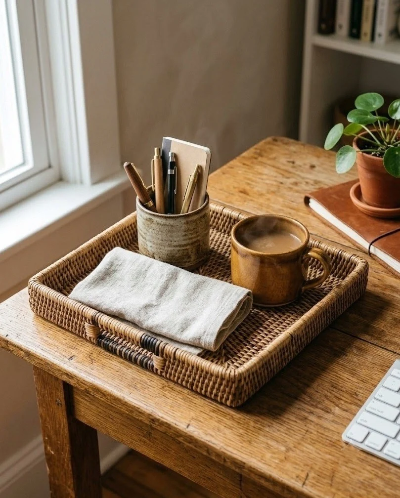 Warm rattan tray corralling a pen cup, cloth and mug on a small desk