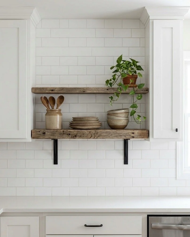 Reclaimed oak floating shelf with stoneware in place of an upper kitchen cabinet