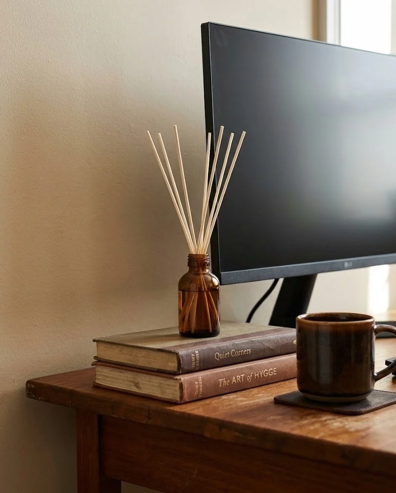 Small amber reed diffuser tucked behind a monitor on a compact desk