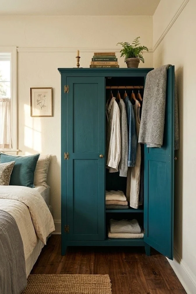 Refinished teal armoire used for clothes storage in a bedroom