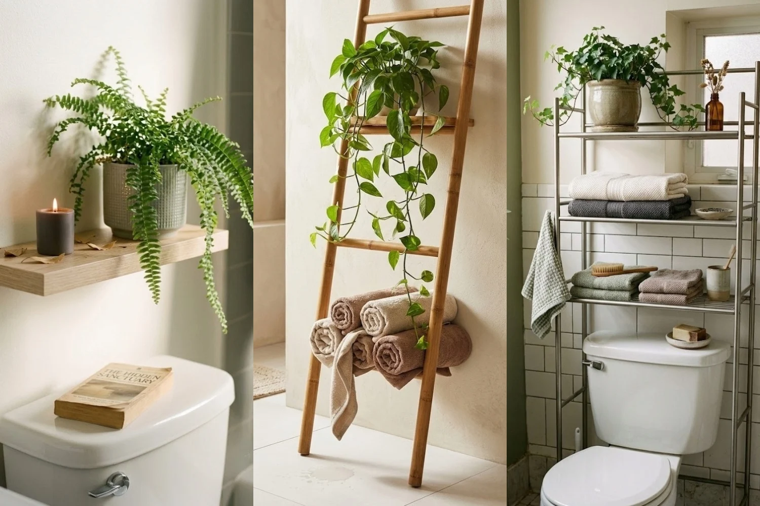 Freestanding over-the-toilet organizer in a small renter-friendly bathroom, holding towels and a plant.