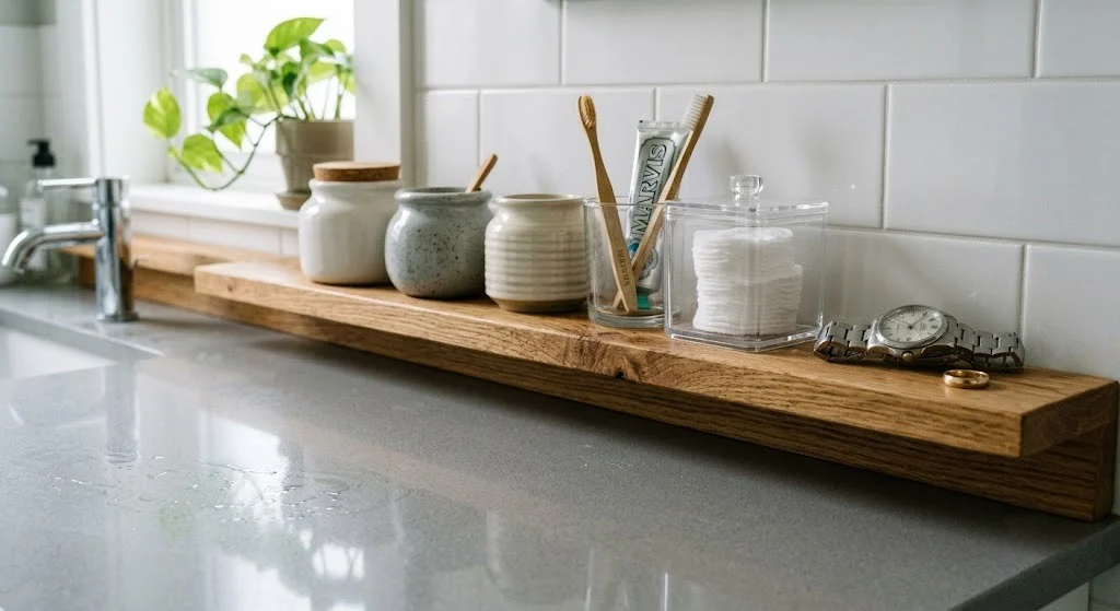 Slim wood riser shelf along the back of a rental bathroom vanity counter