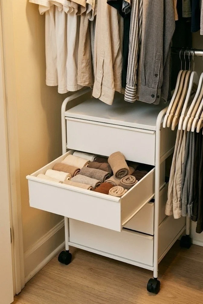 Small closet organization for renters using a rolling drawer cart under short-hanging clothes