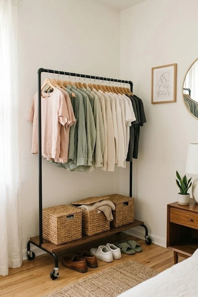 Styled rolling garment rack with matching wood hangers in a small bedroom corner