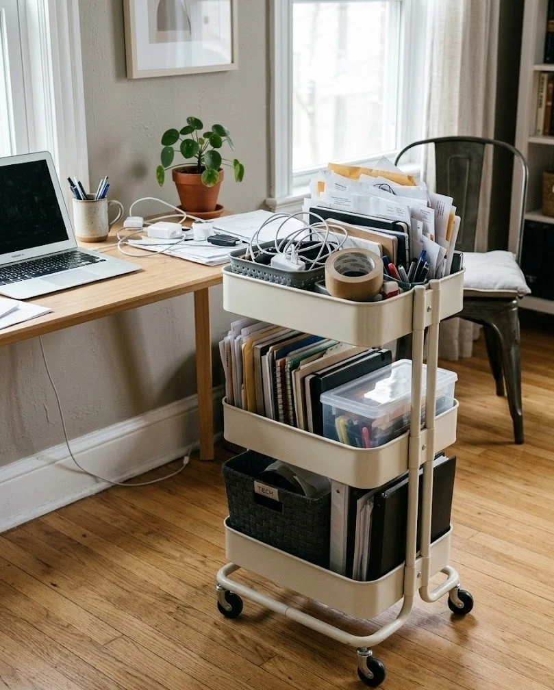 Rolling storage cart used as a mobile supply station by a rental desk