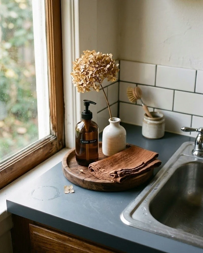 Small round wooden tray with soap, dried hydrangea and cloth by a kitchen sink