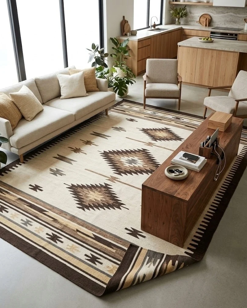 Area rug and low console marking the living zone against an open-plan kitchen.