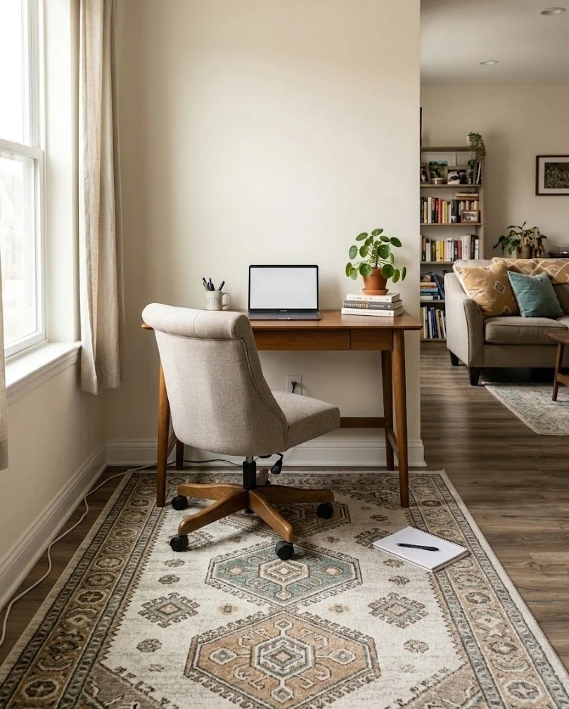 Area rug anchoring a home office zone in a shared living room