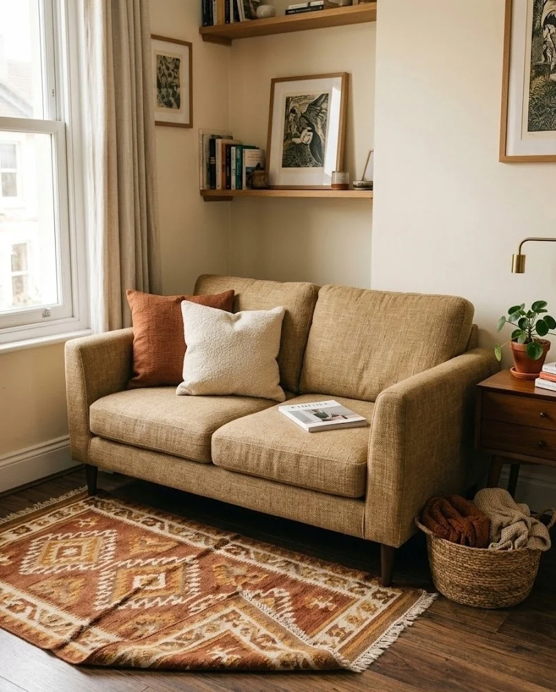 Small sofa with rust and cream textured fall pillow covers in a compact living room