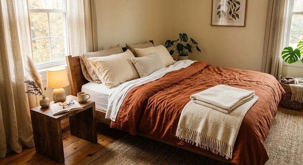 Rust linen duvet on a queen bed with cream wool throw and walnut nightstand in a cozy fall bedroom
