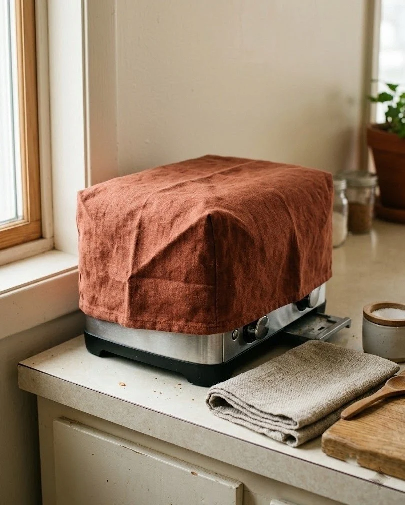 Rust linen cover over a toaster on a small kitchen counter