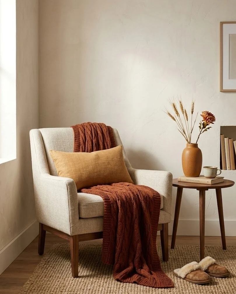 Cozy fall living room ideas for small apartments shown in a tight rust and ochre palette