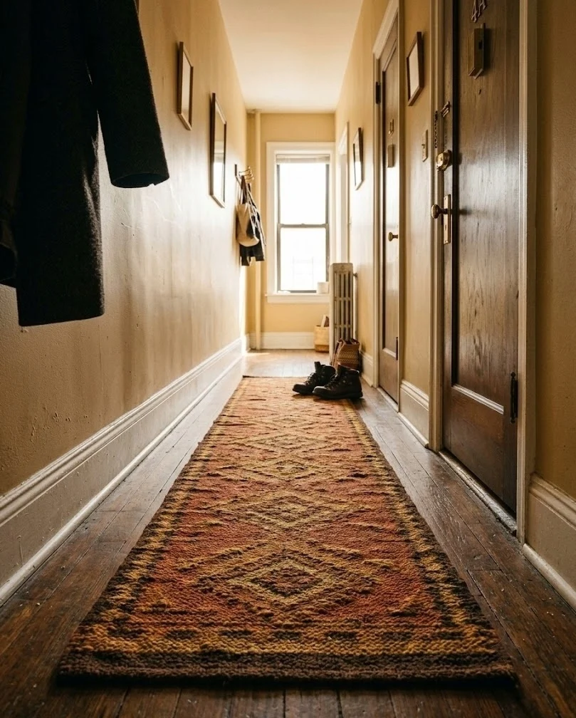 Rust and ochre fall entryway runner rug in a narrow apartment hallway