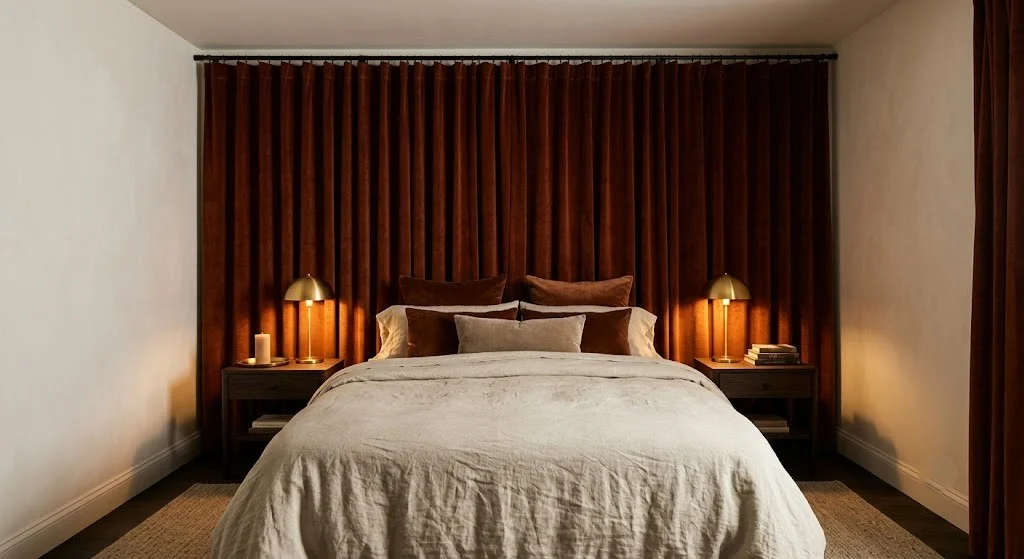 Floor-to-ceiling rust velvet curtain panels creating a cozy fall bedroom accent wall in a rental apartment