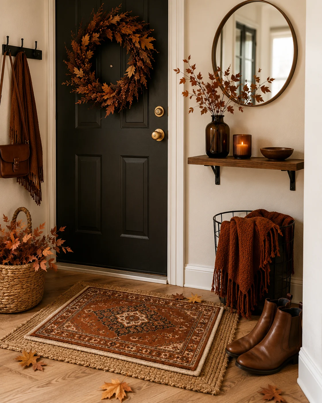 Rust layered fall entryway doormat at a small apartment threshold