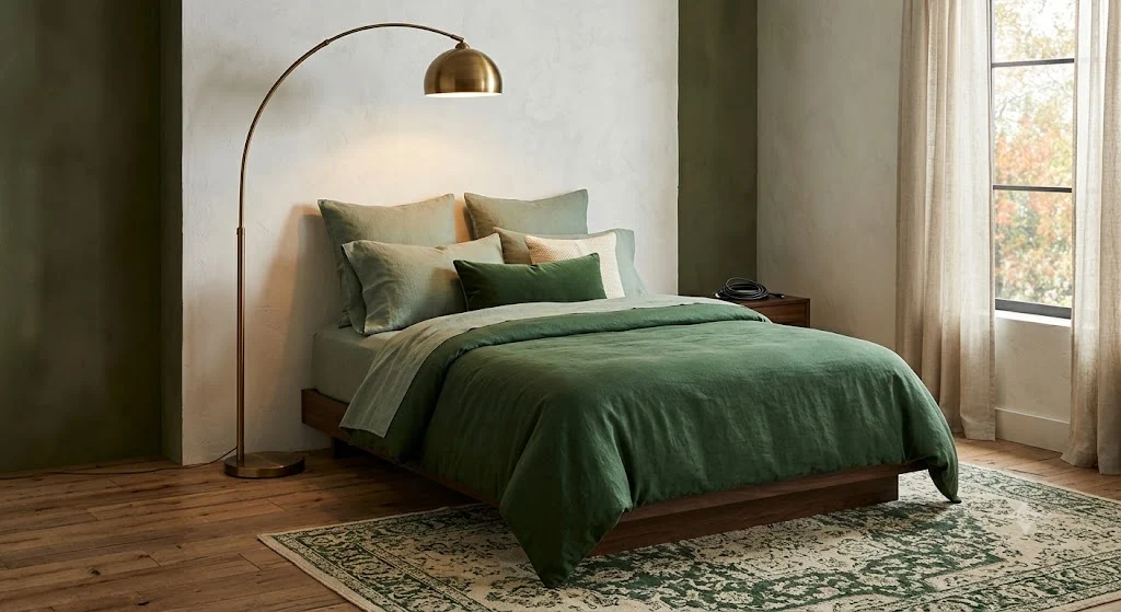 Sage and forest green layered bedding with a brass arc floor lamp in a cozy fall bedroom