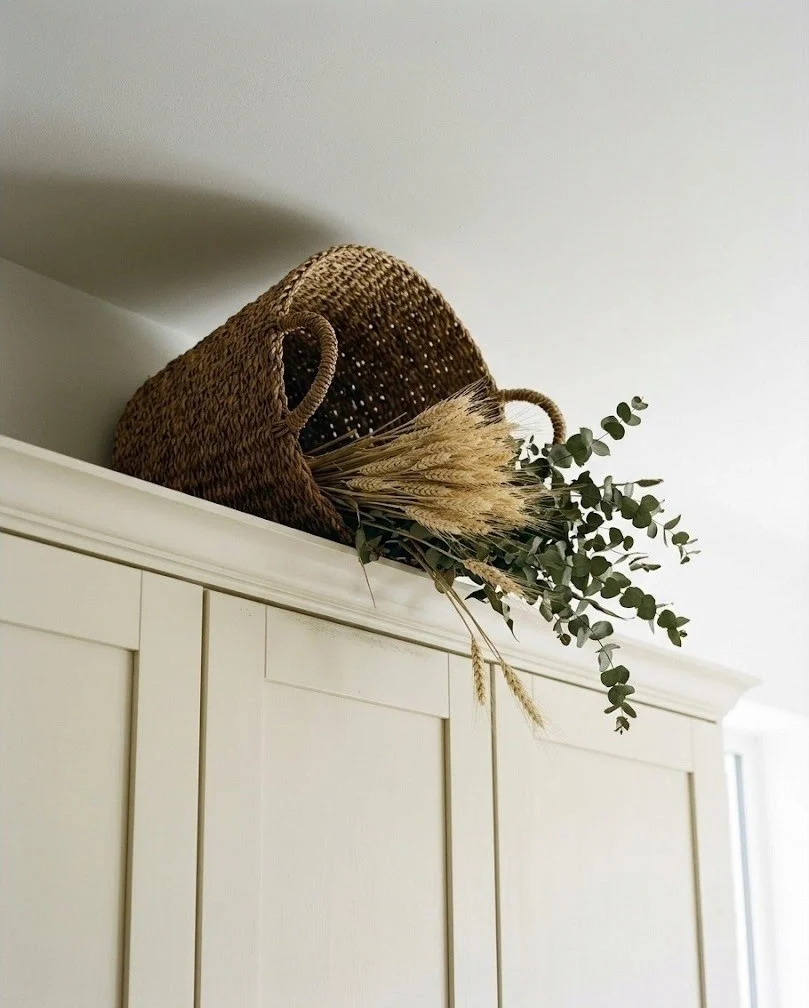Large seagrass basket with dried stems tipped forward on top of cream kitchen cabinets