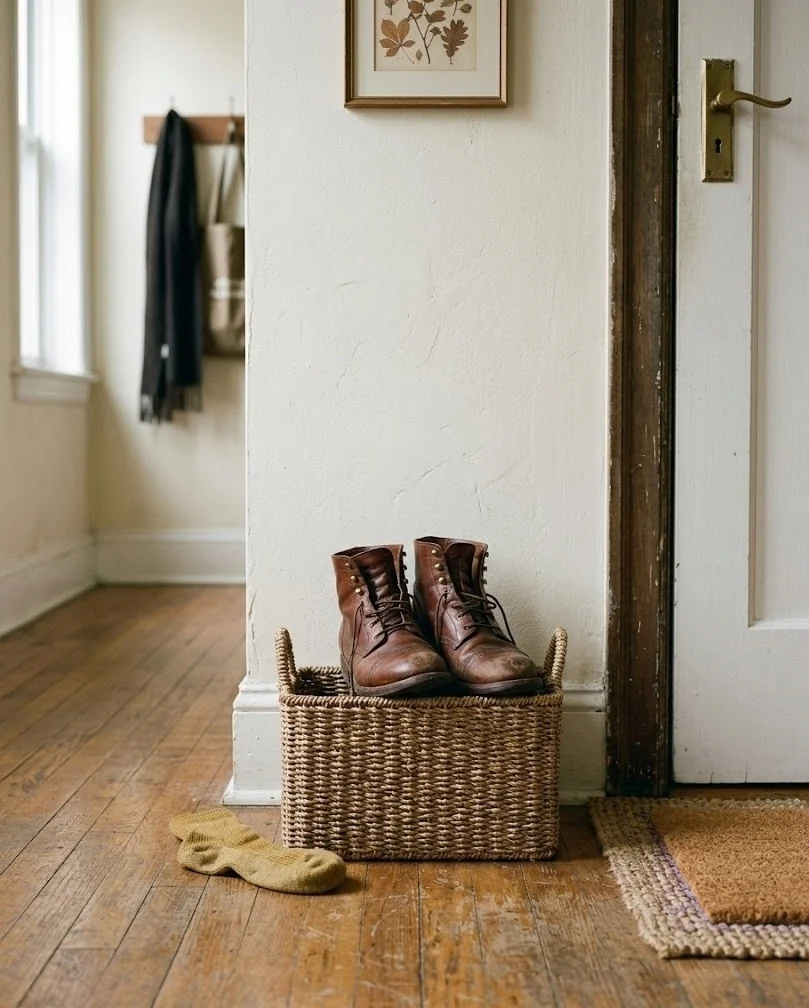Woven seagrass basket holding fall boots in a small apartment entryway