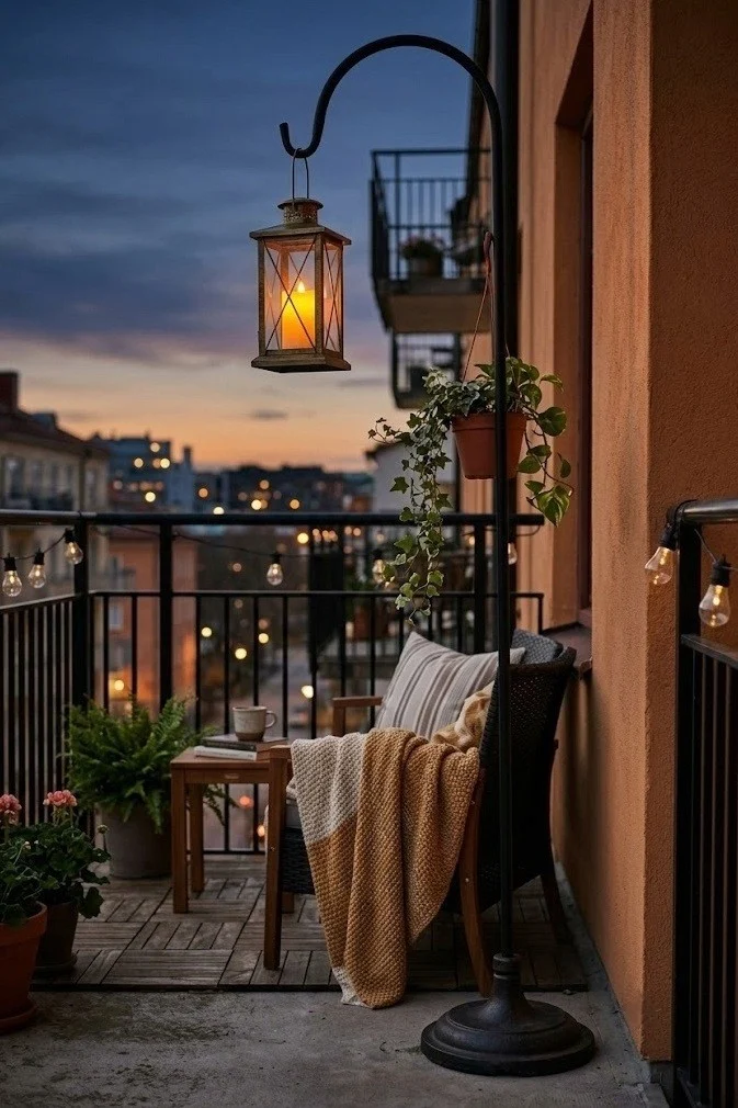 Apartment balcony fall decor with a shepherd's hook holding an overhead lantern