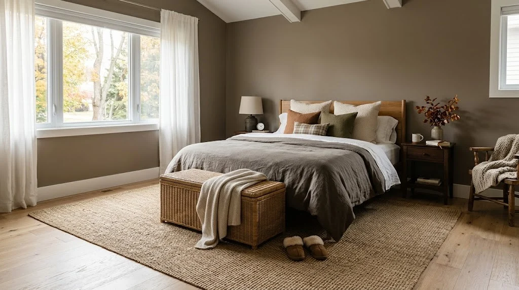 Sisal rug over light hardwood with a woven rattan ottoman in a cozy fall bedroom