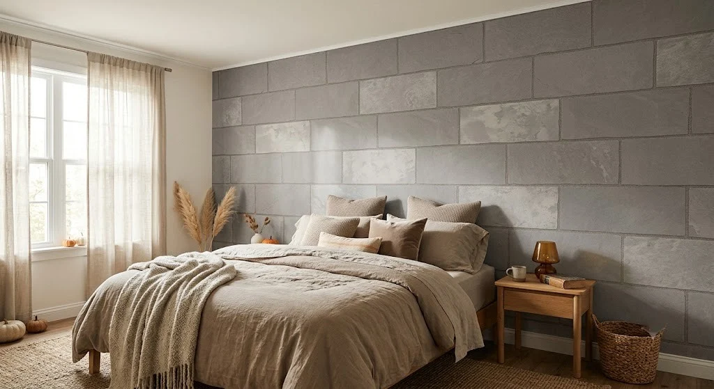 Warm gray slate peel-and-stick wallpaper on a rental bedroom headboard wall as a cozy fall backdrop