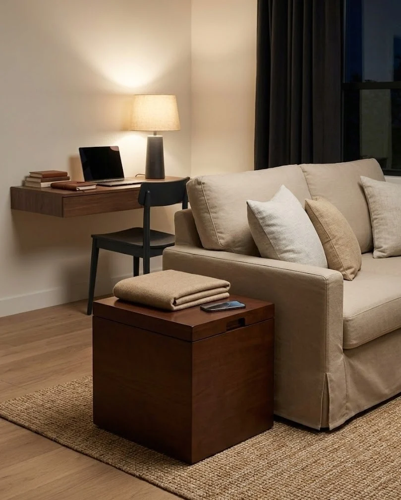 Sleeper loveseat with a storage ottoman used as a nightstand in a small office