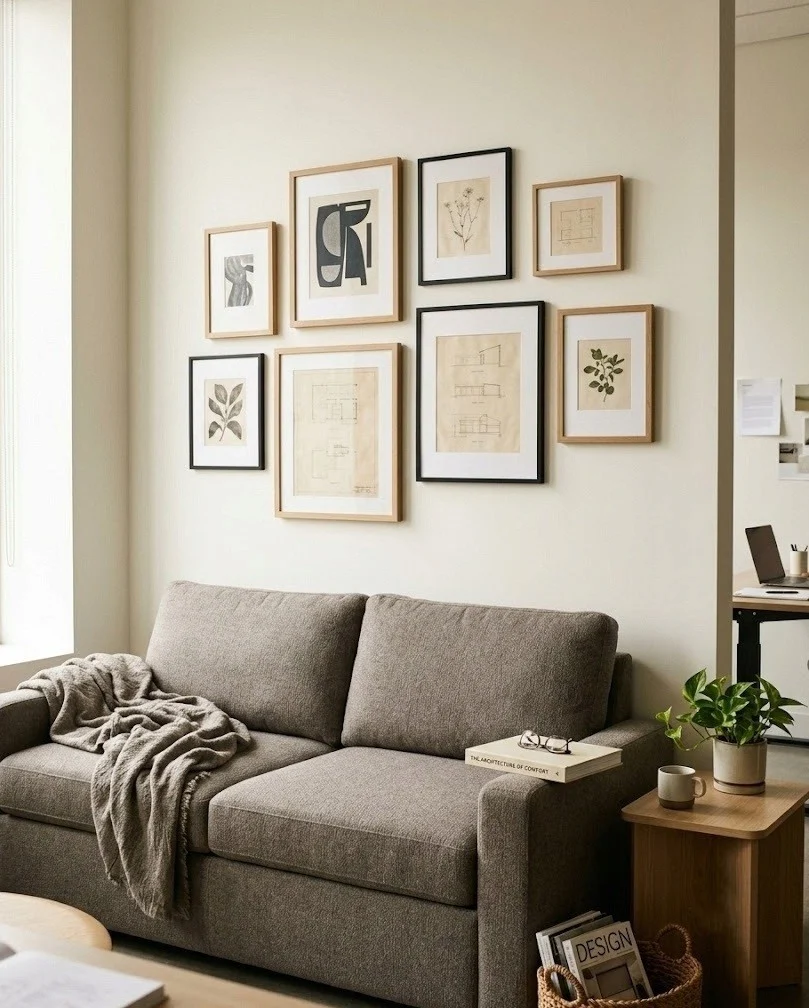 Sleeper sofa under a gallery wall styled as an office lounge
