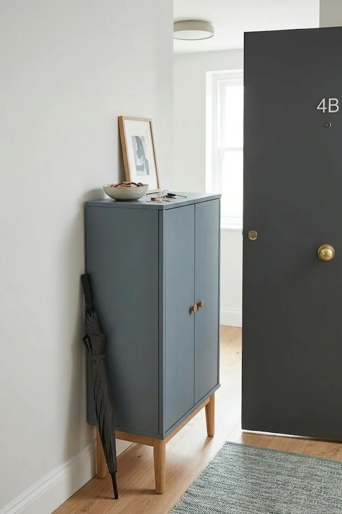 Slim freestanding cabinet used as hidden entryway storage next to an apartment door