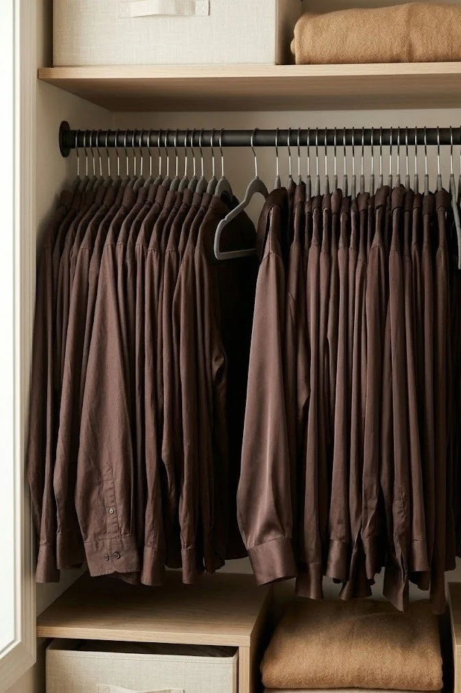 Slim velvet hangers doubling rod space in a small overstuffed closet