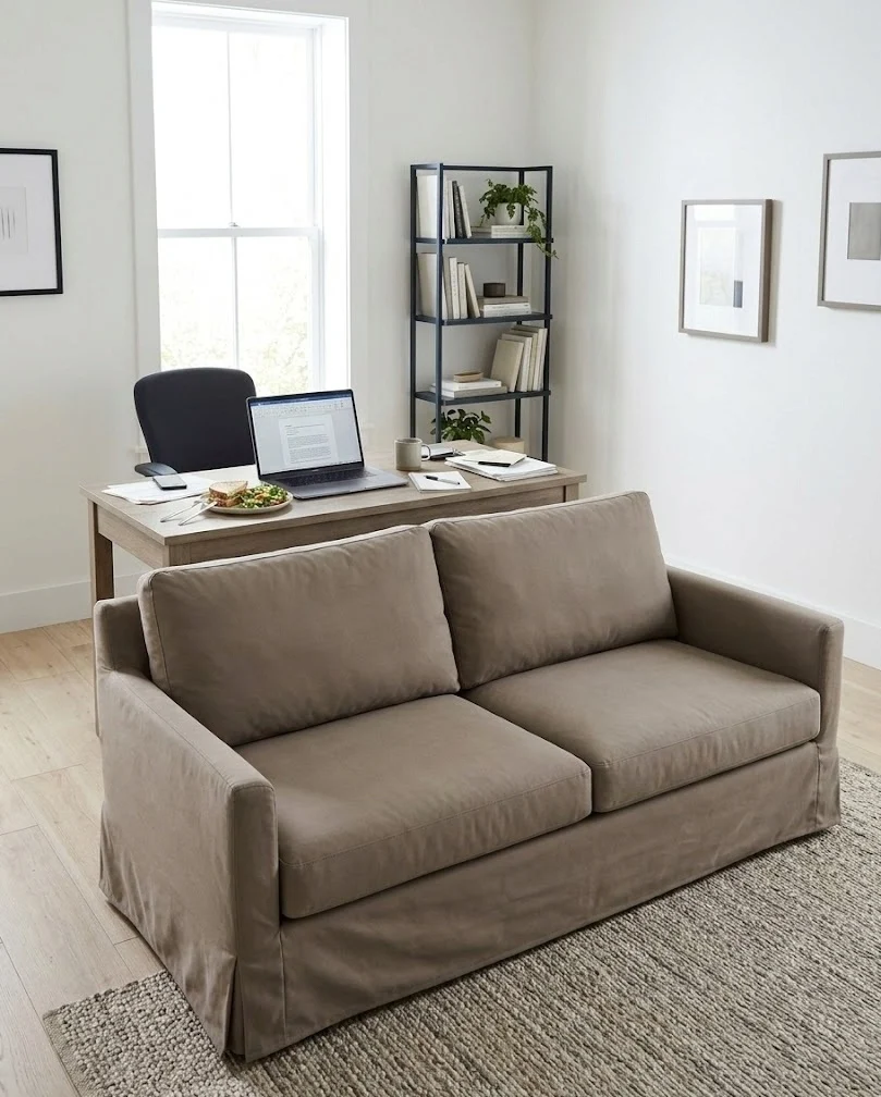 Slipcovered performance-fabric sleeper sofa in a work-all-day spare room