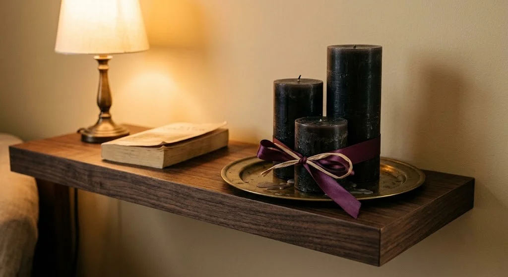 Smoked black candles and plum satin ribbon on a floating shelf nightstand in a moody fall bedroom