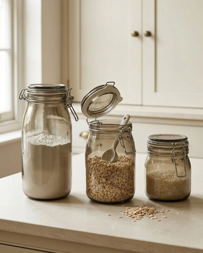 Smoked glass canisters of flour, oats and rice in neutral fall kitchen decor with no orange