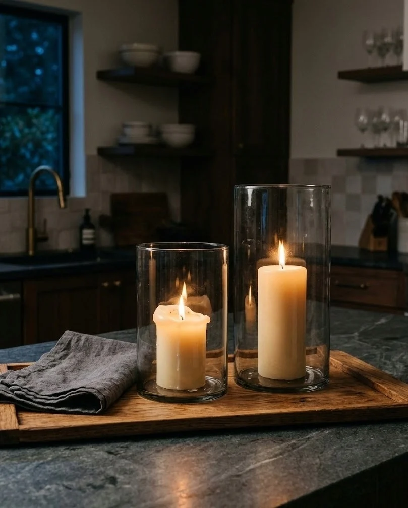 Two smoked glass hurricanes with lit cream pillar candles on a wooden tray on a kitchen island